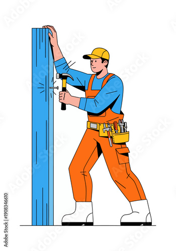 Vector illustration a carpenter is working on nailing wood