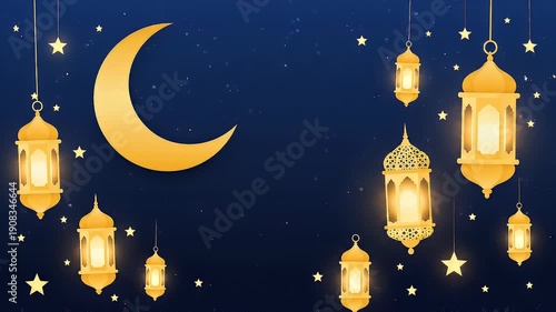 Golden Lanterns And Crescent Moon Illuminate Ramadan Night Scene.