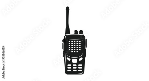 A monochrome illustration depicts a modern walkie talkie showcasing its antenna buttons and overall compact design high quality professional