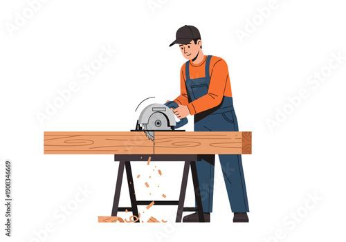 A male carpenter is cutting wood using a machine, vector illustration design