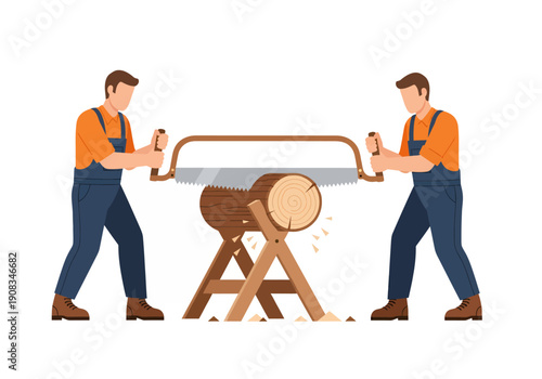 Two carpenters are sawing a large piece of wood, vector illustration design