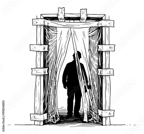 Silhouette of a man standing in a rustic wooden doorway with tattered curtains in vintage woodcut style