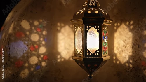 Intricate lantern shadow play with stained glass light.