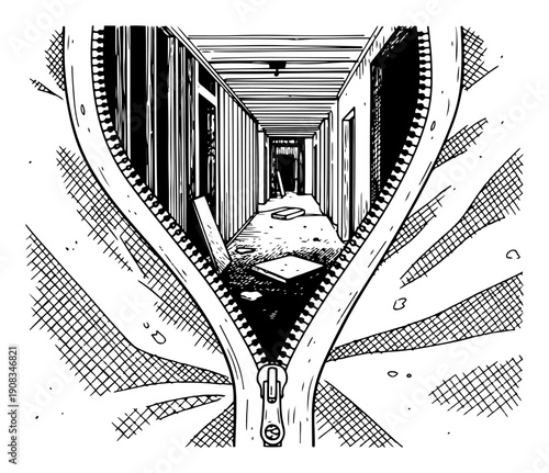 Surreal illustration of a large zipper opening to reveal a long derelict corridor in vintage woodcut style