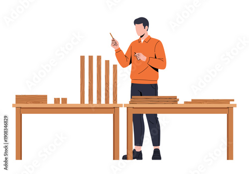 A carpenter is working at his desk, vector illustration design