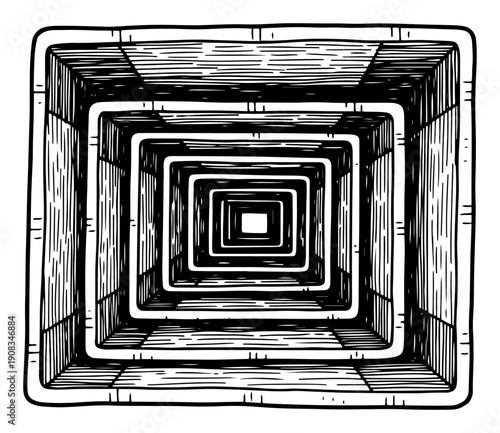 Geometric square tunnel with infinite perspective in vintage woodcut engraving style