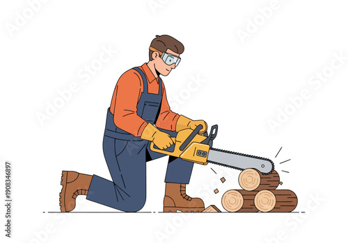 A male carpenter is cutting wood using a chainsaw, vector illustration design