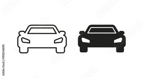 A minimalist depiction showcases two front views of modern automobiles one outlined and one solid black high quality