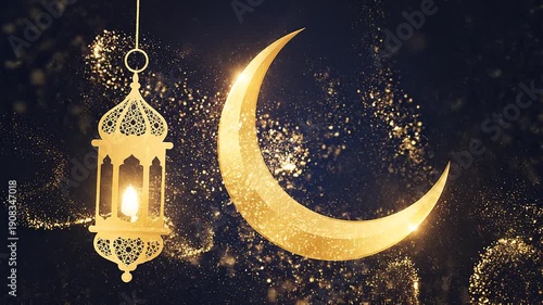Golden Ramadan Lanterns and Crescent Moon Animation.