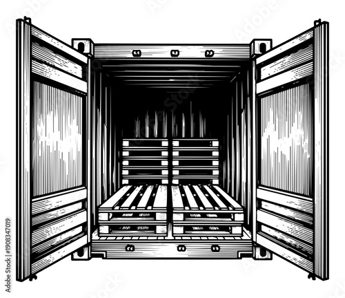 Open cargo shipping container with wooden pallets in vintage engraving style