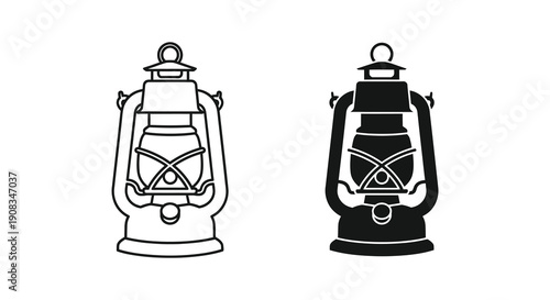 A minimalist illustration depicts two vintage kerosene lanterns one outlined and one solid black high quality professional detailed
