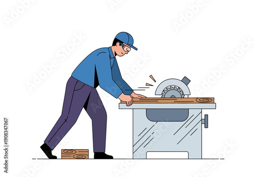 A male carpenter is cutting wood using a machine, vector illustration design
