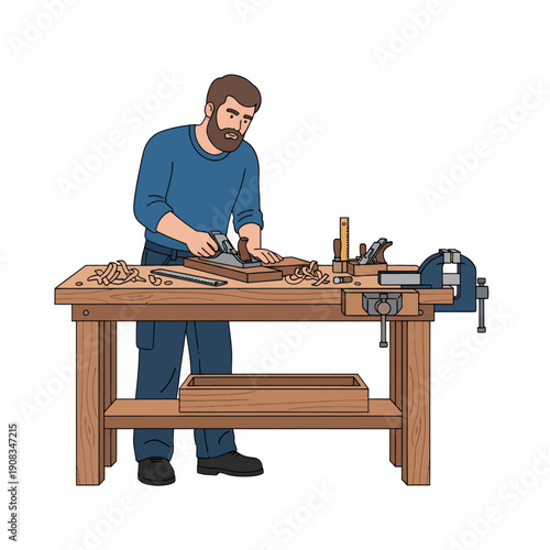 A carpenter is working on planing wood, vector illustration design