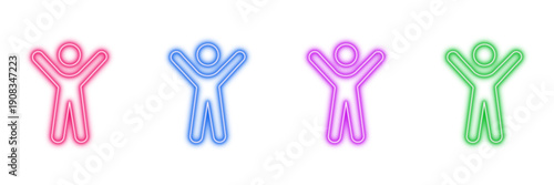 Neon glowing people vector icons set, human, user, avatar, happy, celebration, freedom, success, community, vibrant digital design.
