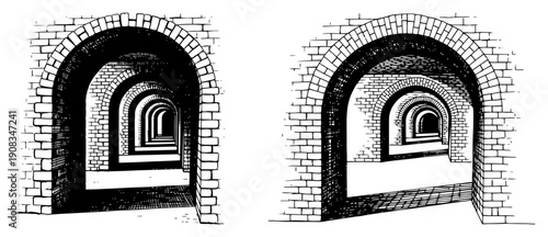 Perspective view of a vaulted brick archway corridor in vintage woodcut engraving style