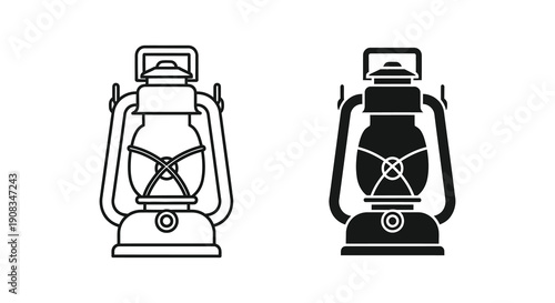 Two stylized line art illustrations depict vintage kerosene lanterns in contrasting shades showcasing their classic designs high quality
