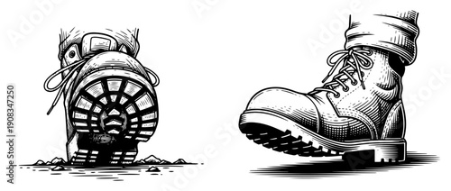 Pair of heavy duty safety work boots in vintage hand drawn woodcut style