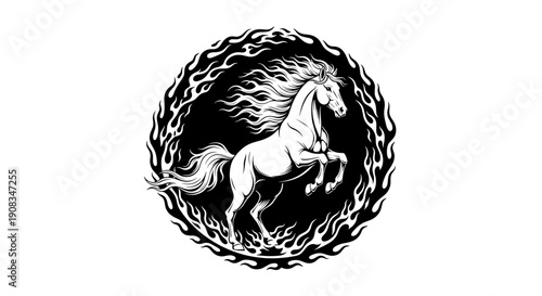 Prancing Horse Emblem in Fiery Circle Black and White Graphic