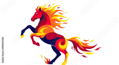 Fiery Horse Rearing Up with Flames and Smoke on White Background