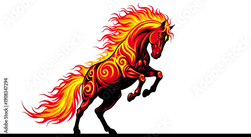 Fiery Rearing Horse Silhouette with Flame Mane and Tail on White Background