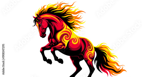 Fiery Rearing Horse with Swirling Flames on White Background