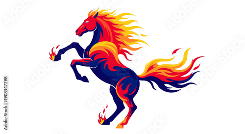 Pixel Art Fiery Horse Rearing Up with Flames on White Background