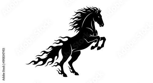 Silhouette Black Horse Rearing Up on Hind Legs with Fiery Mane and Tail Against White Background