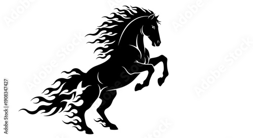 Black Silhouette Horse Rearing on Hind Legs with Fiery Mane and Tail Against White Background