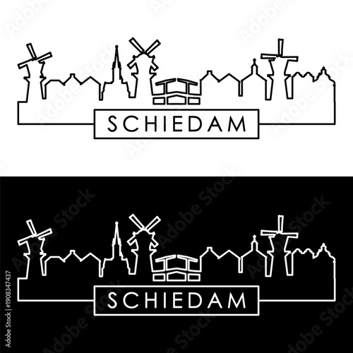 Schiedam skyline. Linear style. Single line. Editable vector file.