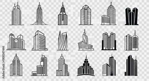 Collection of diverse modern skyscraper and building icons in black and white, showcasing various architectural styles and urban structures.