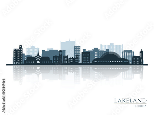 Lakeland skyline silhouette with reflection. Landscape Lakeland, FL. Vector illustration.