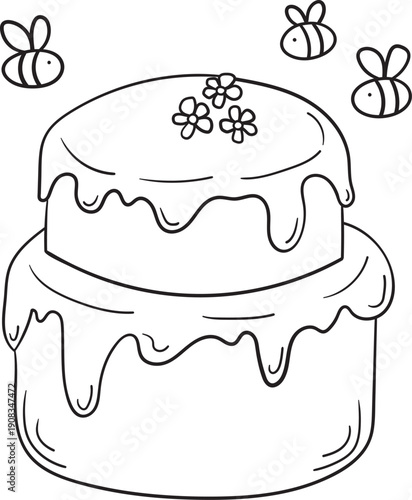 Hand drawn honey cake in doodle style featuring a layered dessert with dripping glaze, small flowers on top, and flying bees around, created as a black and white vector illustration for baking theme