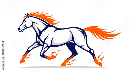 Running Horse with Fiery Mane and Hooves White and Orange