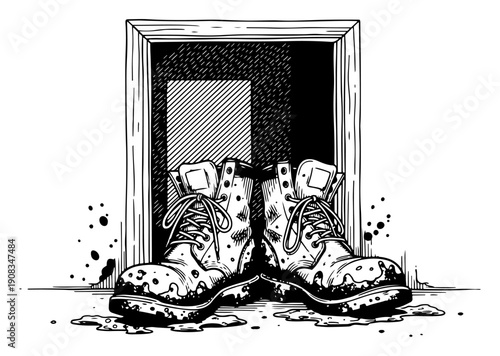Pair of muddy work boots standing in a doorway in vintage woodcut engraving style