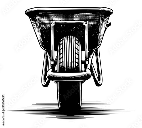 Front view of a garden wheelbarrow in vintage woodcut engraving style