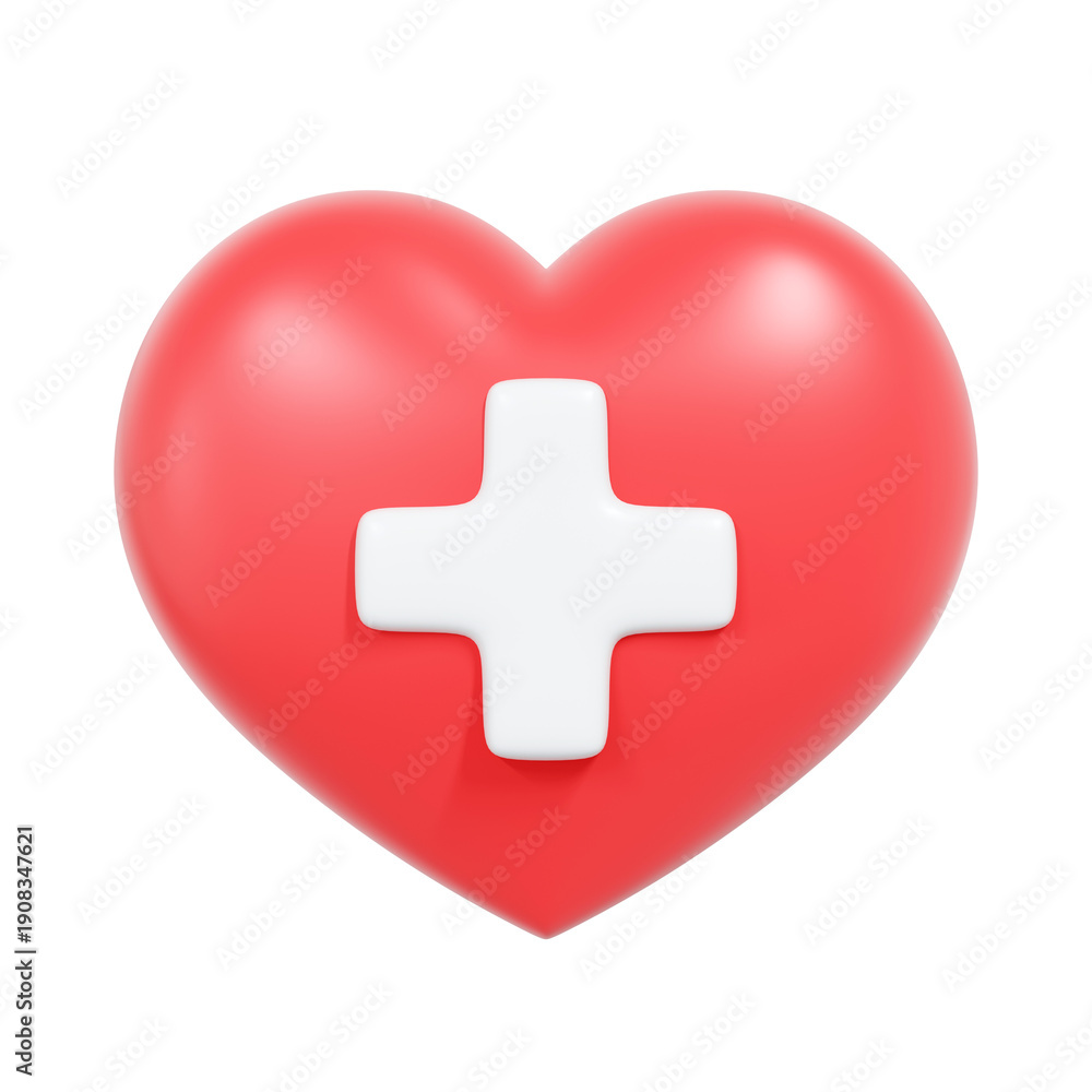 Obraz premium A glossy red 3D heart with a white medical cross symbol, representing health, care, wellness, first aid, and medical support