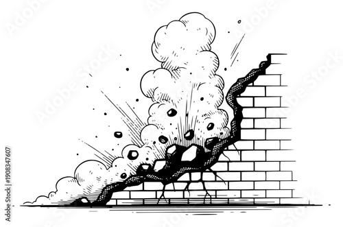 Collapsing brick wall exploding with smoke and debris in vintage woodcut engraving style