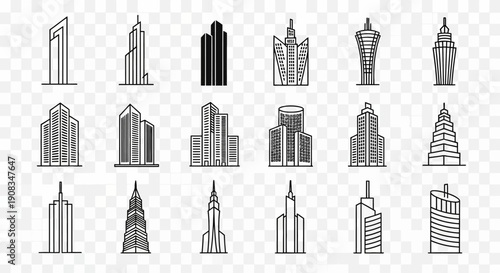 Collection of various modern skyscraper and tall building icons in a minimalist outline style against a transparent background.