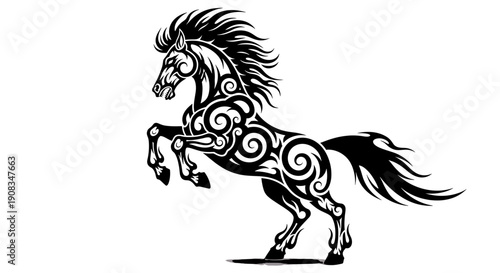Tribal Horse Silhouette Rearing on Hind Legs with Intricate Swirls Black White