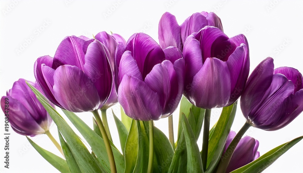 Fototapeta premium Vibrant Purple Tulips In Full Bloom Against White Background