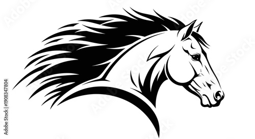 Stylized Black and White Horse Head with Flowing Mane on White Background