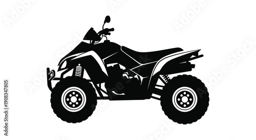 A stark black silhouette depicts a four wheeled all terrain vehicle highlighting its rugged design and powerful build high quality