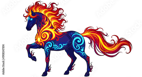 Mythical Fire Horse Pixel Art With Blue Swirls And Fiery Mane And Tail