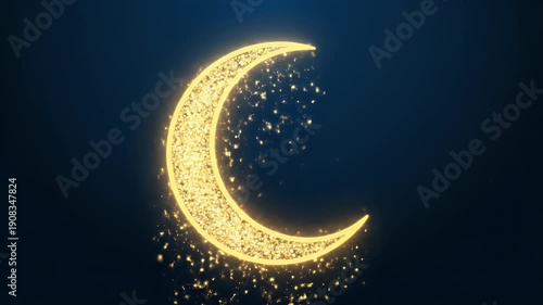Glowing crescent moon floats among sparkles in dark blue background.