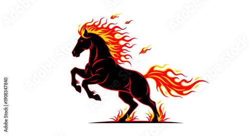 Fiery Stallion Rearing on Hind Legs with Flames Emanating from Mane and Tail on White Background