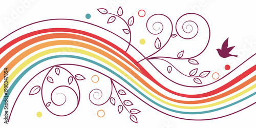 A minimalist, abstract digital illustration featuring a flowing, multi-colored rainbow that sweeps across a white background. It is accented with dark purple floral vines, delicate leaves, swirls.