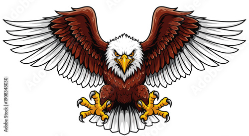 Pixel Art Bald Eagle With Wings Spread Wide and Talons Extended on White Background