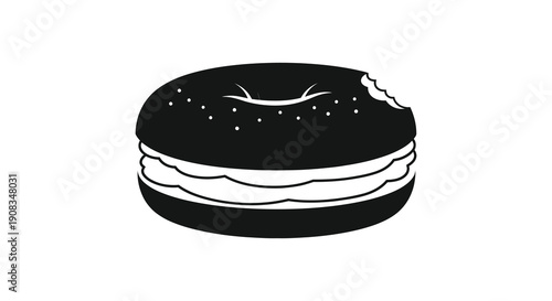 A minimalist black and white illustration depicts a partially eaten chocolate macaron showcasing its layered structure high quality