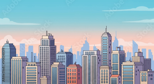 cartoon cityscape with modern buildings soft sky colors simple shapes clean composition wide view calm mood stock illustration