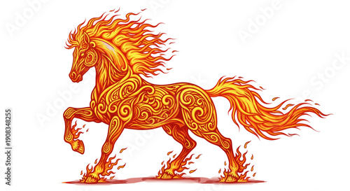 Fiery Horse Pixel Art Illustration with Ornate Body Patterns on White Background